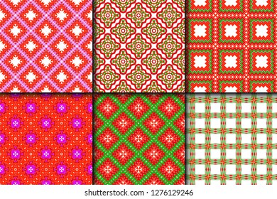 Set of Bright And Colorful Backgrounds Or Digital Papers. Backdrop. Vector Illustration. For Design, Wallpaper, Fashion, Print. Seamless Pattern With Abstract Geometric Style. Red, green color.