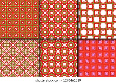 Set of Bright And Colorful Backgrounds Or Digital Papers. Backdrop. Vector Illustration. For Design, Wallpaper, Fashion, Print. Seamless Pattern With Abstract Geometric Style. Red, green color.