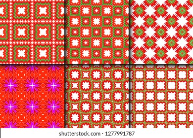 Set of Bright And Colorful Backgrounds Or Digital Papers. Backdrop. Vector Illustration. For Design, Wallpaper, Fashion, Print. Seamless Pattern With Abstract Geometric Style. Red, green color.
