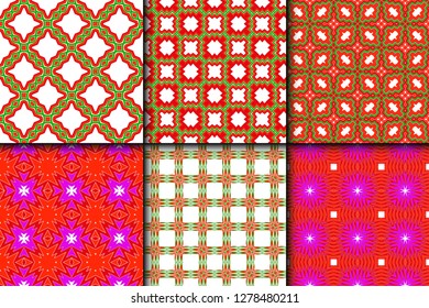 Set of Bright And Colorful Backgrounds Or Digital Papers. Backdrop. Vector Illustration. For Design, Wallpaper, Fashion, Print. Seamless Pattern With Abstract Geometric Style. Red, green color.