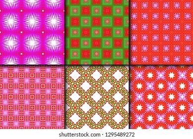 Set of Bright And Colorful Backgrounds Or Digital Papers. Backdrop. Vector Illustration. For Design, Wallpaper, Fashion, Print. Seamless Pattern With Abstract Geometric Style. Red, green color.