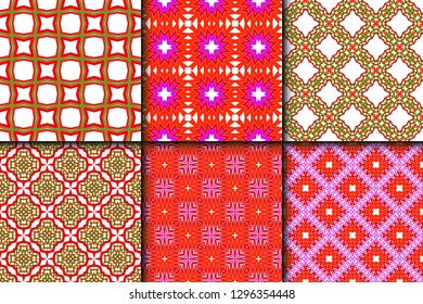 Set of Bright And Colorful Backgrounds Or Digital Papers. Backdrop. Vector Illustration. For Design, Wallpaper, Fashion, Print. Seamless Pattern With Abstract Geometric Style. Red, green color.