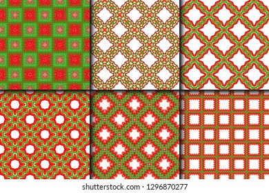Set of Bright And Colorful Backgrounds Or Digital Papers. Backdrop. Vector Illustration. For Design, Wallpaper, Fashion, Print. Seamless Pattern With Abstract Geometric Style. Red, green color.
