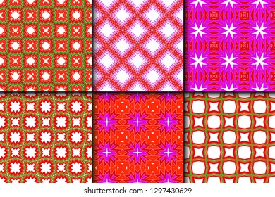 Set of Bright And Colorful Backgrounds Or Digital Papers. Backdrop. Vector Illustration. For Design, Wallpaper, Fashion, Print. Seamless Pattern With Abstract Geometric Style. Red, green color.