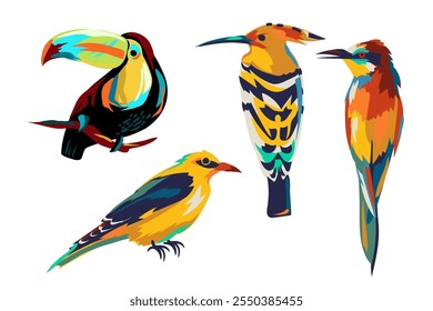 Conjunto de pájaros coloridos brillantes. Tucán vibrante, abejaruco europeo, pájaro de la abubilla, oriole dorado. Ilustraciones vectoriales aisladas sobre fondo blanco. Dibujos animados