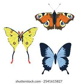 Set von leuchtenden, bunten Schmetterlingen. Europäischer Pfau, Ulysses Schmetterling, Luna Motte. Vektorgrafik.