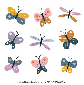 Set of bright colorful butterflies, moths and dragonflies.