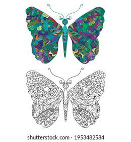 Set of bright colorful butterflies in the zentagle technique for printing, design on a white background