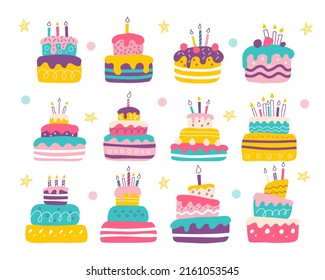 Set of bright colorful cakes on white background in the style of flat doodles. Vector illustration. The decor of the childrens room, posters, postcards, clothes and interior items.