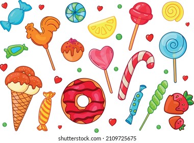 A set of bright and colorful candies and sweets. Chupa Chups, lollipop, ice cream. All the most popular for the sweet table.