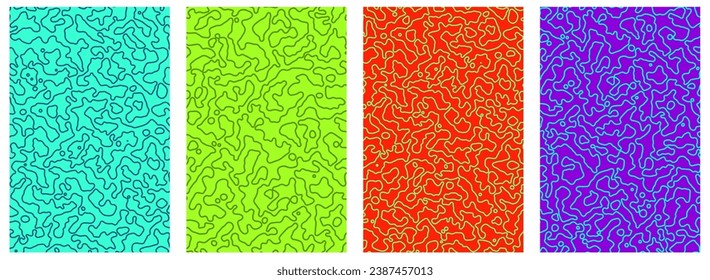 Set of bright colorful cards with textures. Abstract Turing ornament halftone reaction diffusion psychedelic background. Vector generative algorithm illustration.