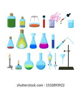 Set of bright colorful chemical laboratory glassware isolated on white background. Cartoon style vector illustration