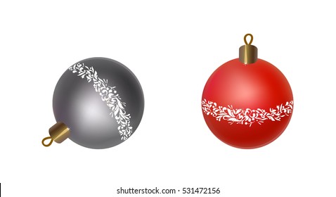 Set of Bright Colorful Christmas Balls. New Year's Toys red and silver with an ornament
