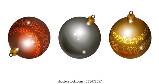 Set of Bright Colorful Christmas Balls. New Year's Toys silver, red and gold with an ornament