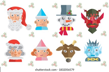 conjunto de brillantes y coloridas caras navideñas con un fondo holístico Sr. Sra. Santa Claus y equipo