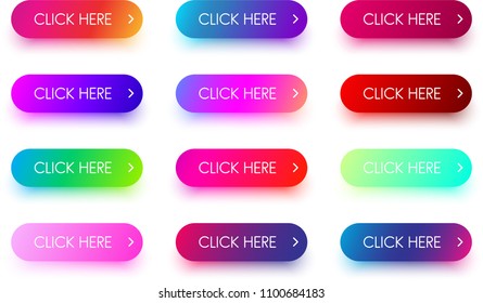 Set of bright colorful click here icons isolated on white background. Vector illustration.