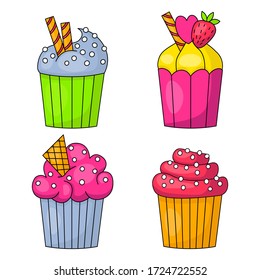 A set of bright colorful cupcakes isolated on a white background. Vector cartoon illustration.