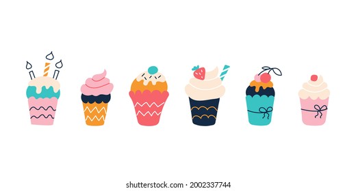 A set of bright colorful cupcakes on a white background in the style of flat doodles. Vector illustration. Children's room decor, posters, postcards, clothing and interior items