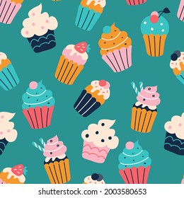 Eine Reihe heller, bunter Cupcakes im Stil flacher Doodles. Vektornahtloses Muster. Tapete, Verpackungspapierdesign, Stoffe