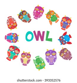 set bright colorful cute owls on white background, funny birds face with winking eye, bright colors. Vector