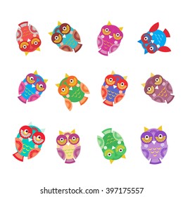 set bright colorful cute owls round frame for your text on white background, funny birds face with winking eye, bright colors. Vector