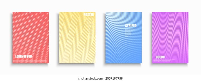 Set of bright colorful digital art contemporary covers, templates, backgrounds, placards, brochures, banners, flyers and etc. Abstract halftone striped posters. Vibrant trendy design