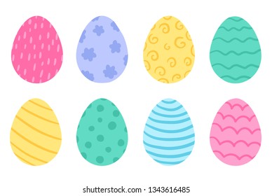 Set of bright colorful Easter eggs with different design. Vector illustration