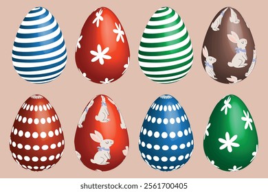 Set of bright and colorful eggs, Happy Easter, vector. Different shapes, circle, stripes, bunny, rabbit, flower