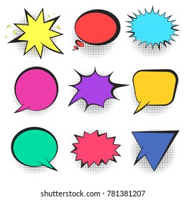 Set of bright colorful empty retro comic speech bubbles with black halftone shadow in pop art style. Black fun outline balloons for comics book or advertising text, web design, greeting cards, banners