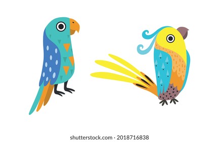 Set of Bright Colorful Exotic Tropical Birds Cartoon Vector Illustration