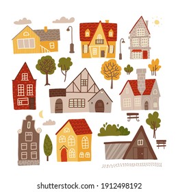 Set of bright colorful facades of small cozy houses for concept design. Hand drawn flat vector illustration isolated on white background. Elelements for village, cityscape constructor