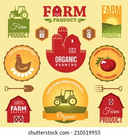 Set of bright colorful farm labels and signs in vector