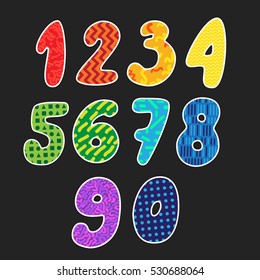 Set of bright and colorful figures. Hand drawn funny numbers. Vector illustration for your graphic design.