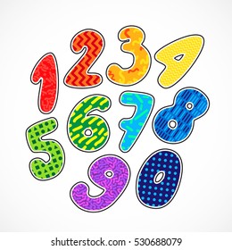 Set of bright and colorful figures. Hand drawn funny numbers. Vector illustration for your graphic design.