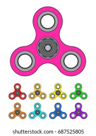Set of bright and colorful finger fidget spinners. Stress relieving modern toy. Vector illustration for your graphic design.