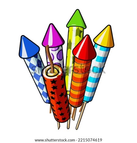 Set of bright colorful firework rockets. Holidays and Christmas celebration concept. Vector illustration isolated on a white background