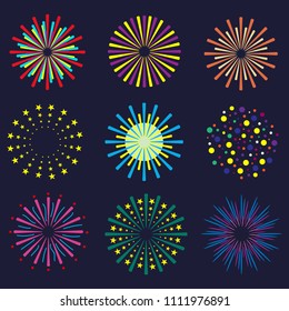 Set of bright and colorful fireworks. Festival fireworks on dark background. Vector
