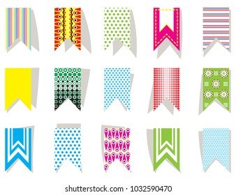 Set of bright, colorful flags for festive decor. For printing on paper, cloth. Festive decoration of birthday, party, anniversary, new year, event. For decoration of websites and social networks