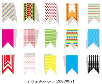 Set of bright, colorful flags for festive decor. For printing on paper, cloth. Festive decoration of birthday, party, anniversary, new year, event. For decoration of websites and social networks