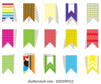 Set of bright, colorful flags for festive decor. For printing on paper, cloth. Festive decoration of birthday, party, anniversary, new year, event. For decoration of websites and social networks