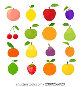 Set of bright colorful fruit icons. Vector flat illustration isolated on white background