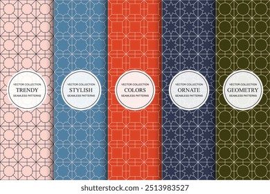 Set of bright colorful geometric seamless ornamental patterns - symmetric textures. Vector repeatable oriental backgrounds. Elegant vintage prints