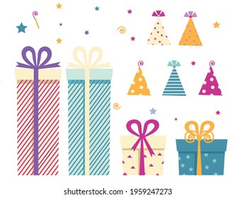set of bright, colorful gift boxes with bows, for any holiday design and birthday, flat vector graphics