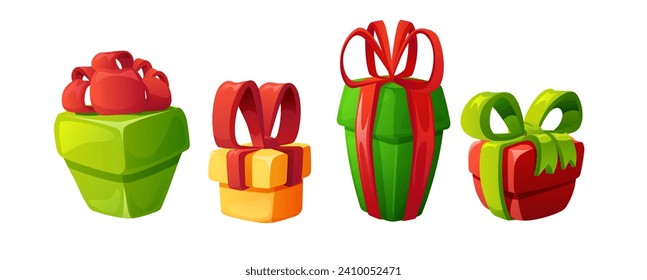 Set von hellen bunten Geschenkbox mit Bändern im flachen Stil, Vektorgrafik einzeln auf weißem Hintergrund. Dekorative Designelemente für Online-Spiele-Sammlung, Bonuszeichen, Feiertage