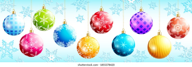 Set of bright colorful glowing glass Christmas and New Year balls with ornate snoflakes isolated on white, blue background. Beautiful festive decorations, elements of design. Graphic design, vector