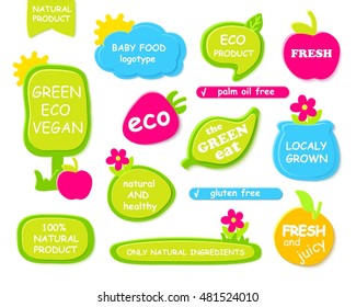 Set of bright colorful and green frames, information backgrounds, labels  for organic, natural, eco or bio products isolated on white background. Funny design for kids and baby food.