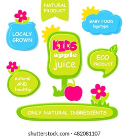 Set of bright colorful and green frames, information backgrounds, labels  for organic, natural, eco or bio products isolated on white background. Funny design for kids and baby food.