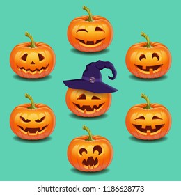 Set of bright colorful halloween pumpkins face, emotion. Funny faces, autumn holidays. Jack o lantern icons emotions. Vector illustration.