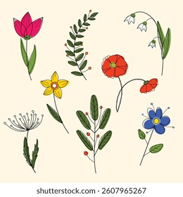 Set of bright colorful hand drawn vector flowers with black contour on ivory background