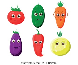 
Set of bright colorful icons of vegetables on a white background.